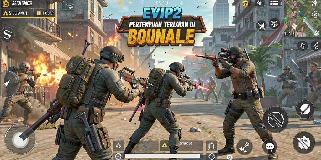 Screenshot gameplay EVIP2 menampilkan aksi seru di medan perang Battle Royale.