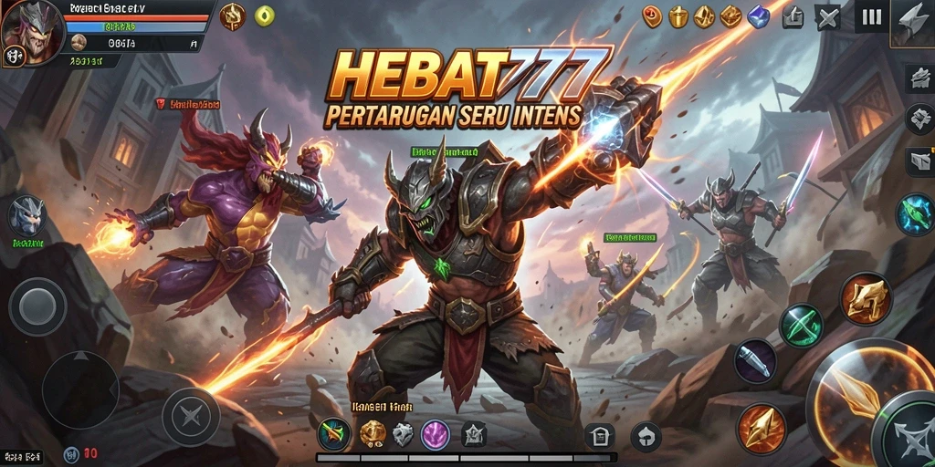 Gameplay intens HEBAT777 dengan karakter bertarung di arena.