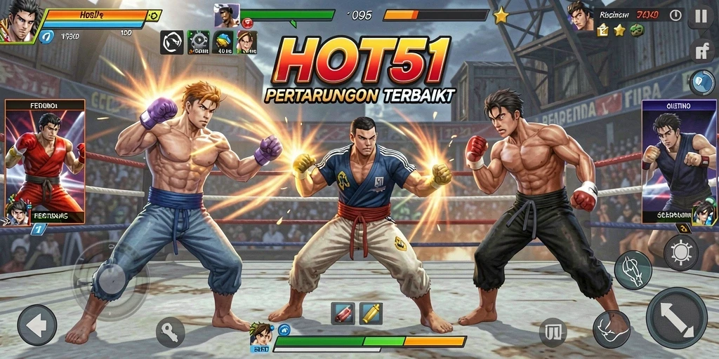 Screenshot utama HOT51 menunjukkan aksi bertarung yang intens.