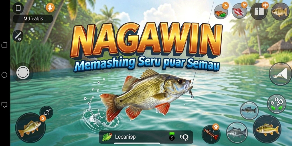 Screenshot gameplay NAGAWIN yang menunjukkan aksi memancing yang seru.