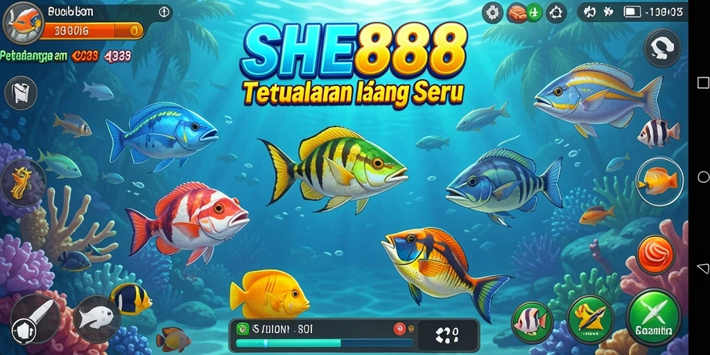 Screenshot dari gameplay <strong>SHE888</strong> saat menembak ikan di bawah laut.