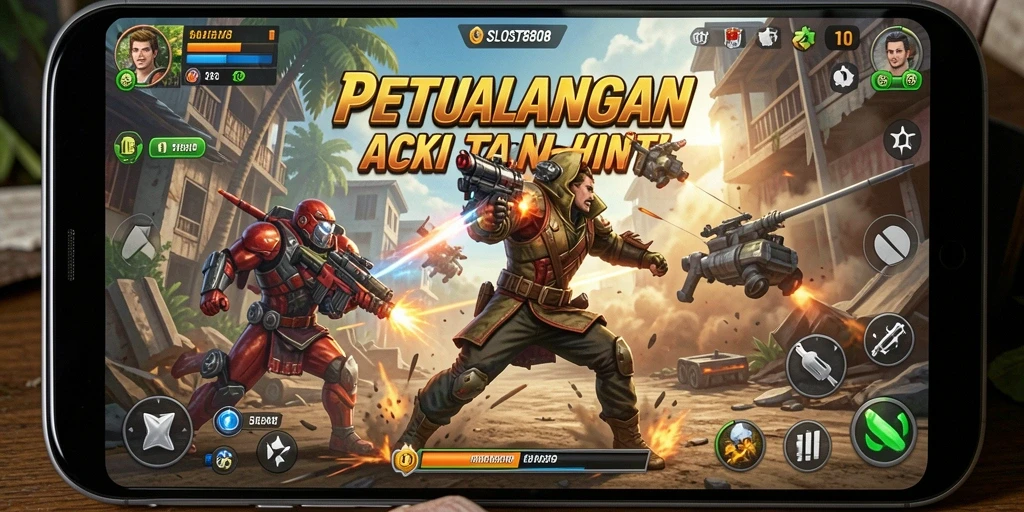Screenshot utama SLOST8808 menampilkan aksi seru antara karakter pemain dan musuh.
