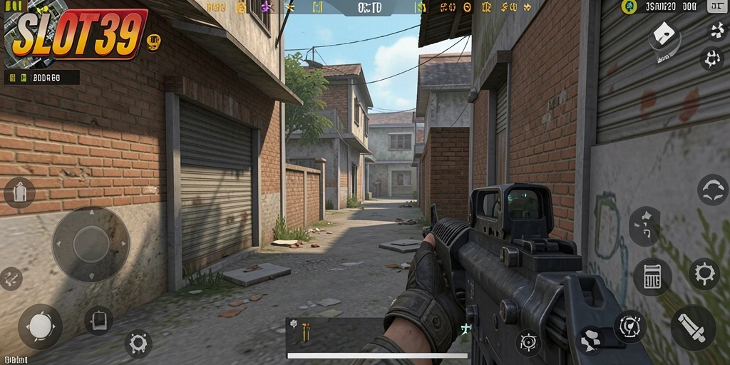 Tampilan gameplay dinamis dan penuh aksi dari game FPS SLOT39.