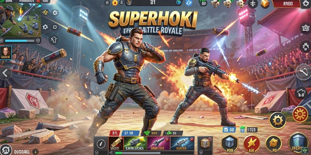 Tangkapan layar SUPERHOKI menunjukkan pertempuran intens dalam Battle Royale.