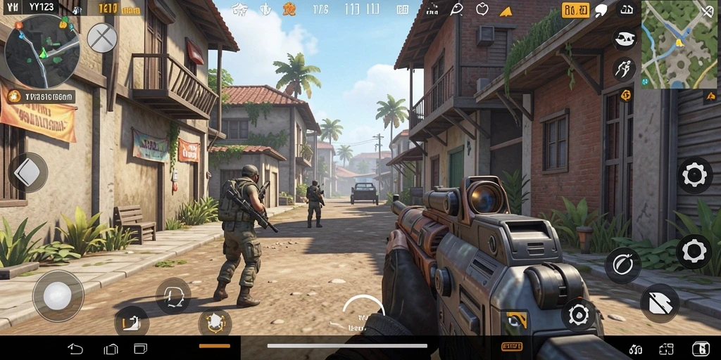 Screenshot utama YY123 menampilkan aksi perang yang mendebarkan dalam game TPS.